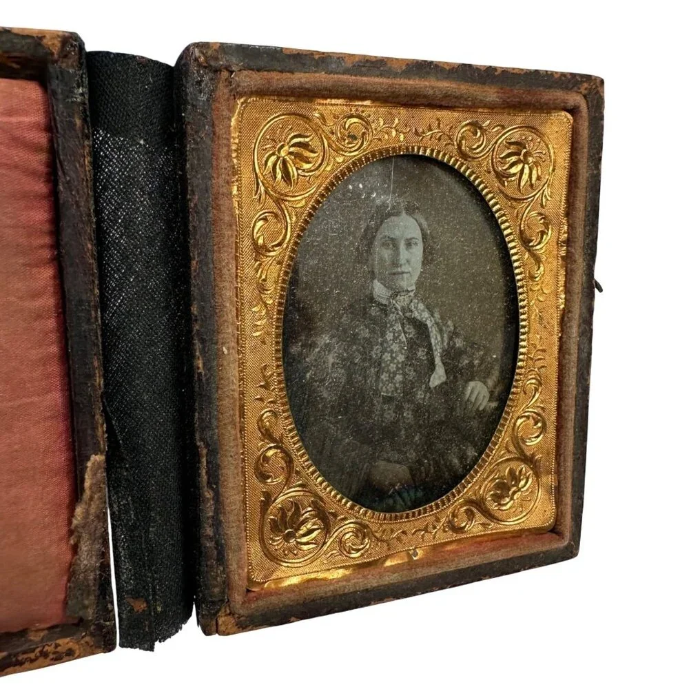 Antique Daguerreotype Photograph 1/9th Plate Victorian Woman Book Leather Case - Picture 1 of 14